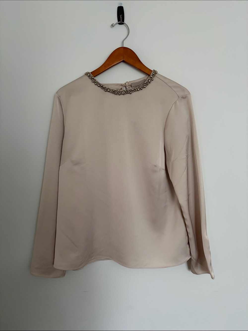 H&M Beige Long-Sleeve Top with Jeweled Neckline